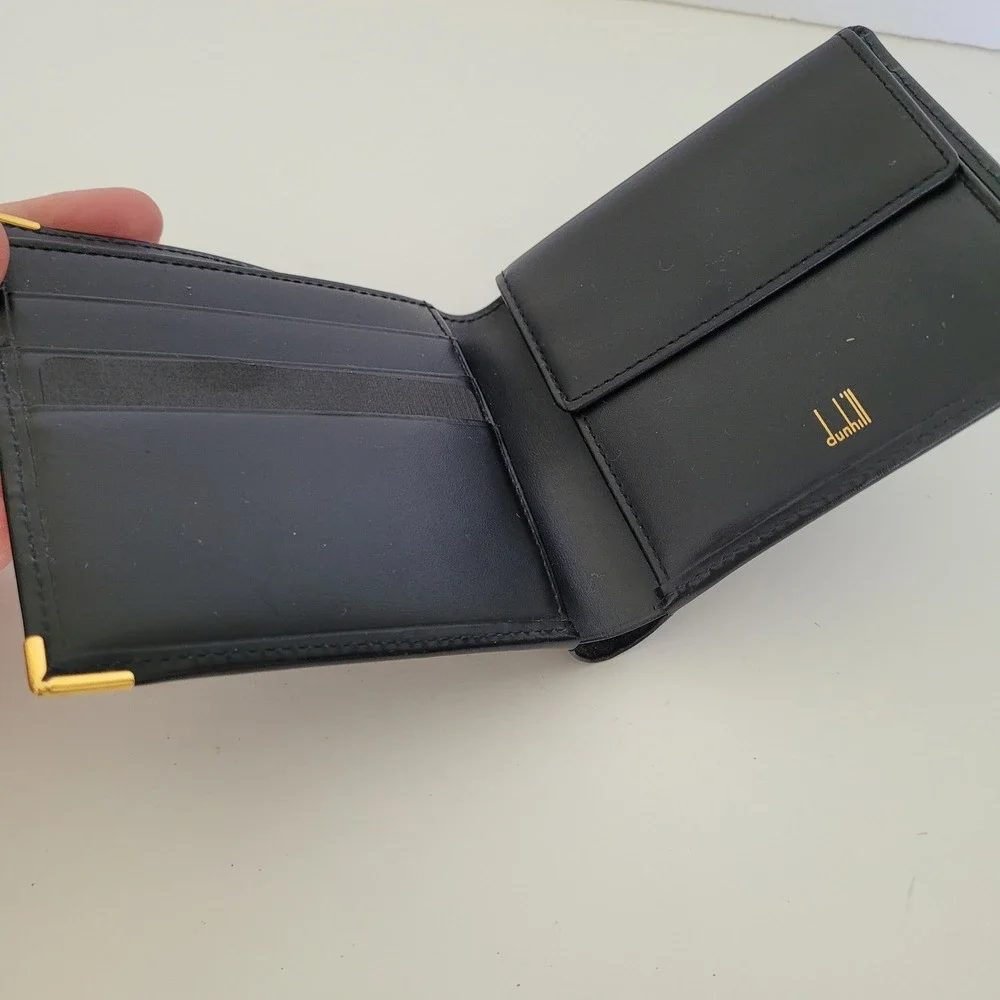 Dunhill London Mens Black Calf Leather Bifold Wallet Gold Hardware Coin Pocket